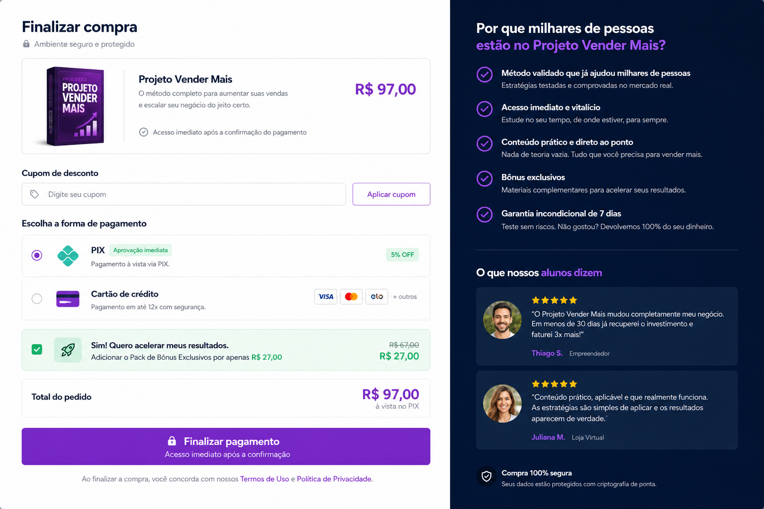 Checkout público — visão do comprador