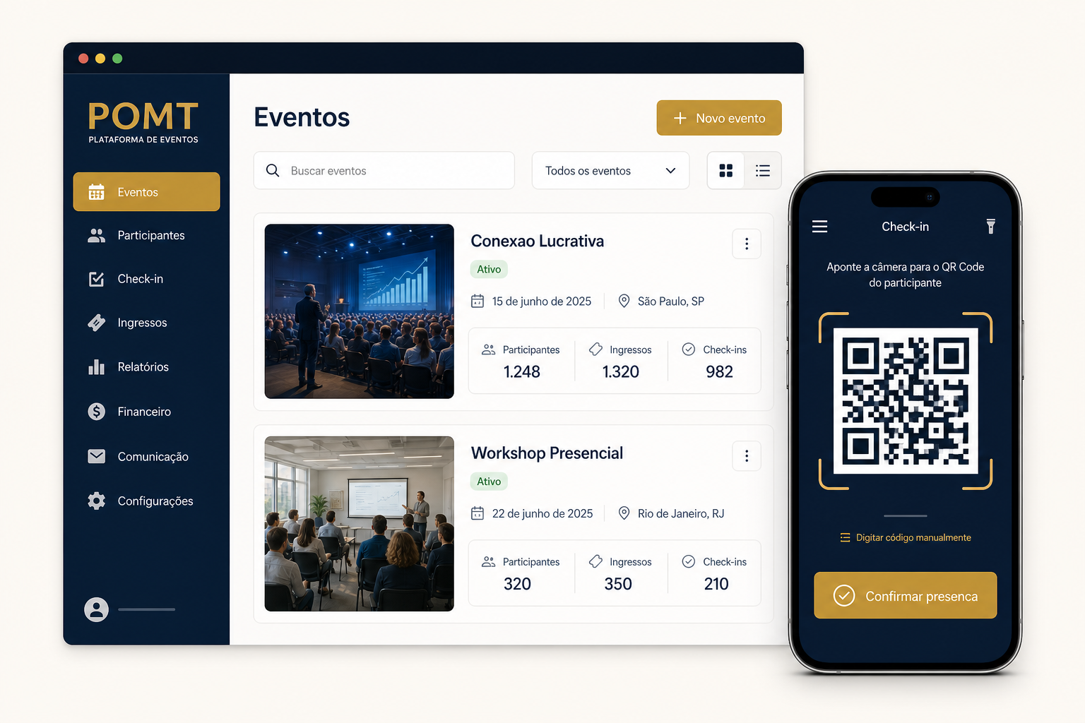 Gestao de eventos POMT — painel desktop e check-in no celular